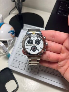 Swatch Silver Stainless Steel Chronograph Watch with White Dial